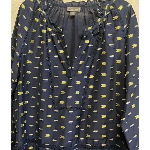 J. Crew Point Sur Poplin Blouse Arrow Gold metallic Print Navy Size M - Picture 4 of 7